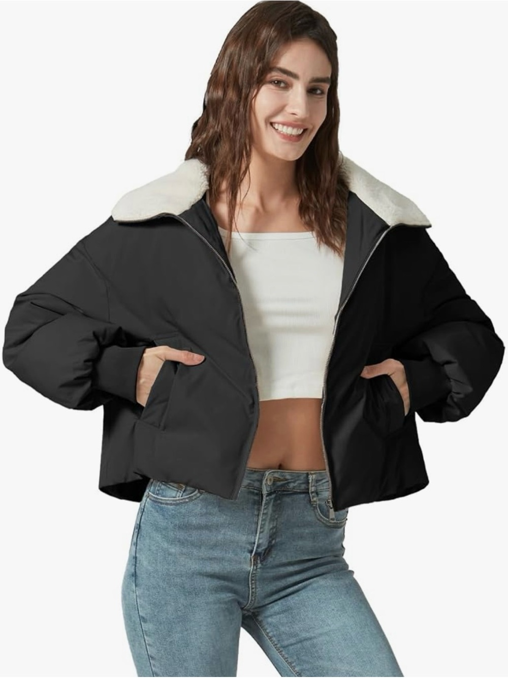 Women’s Cropped Puffer Jacket with Sherpa Collar
